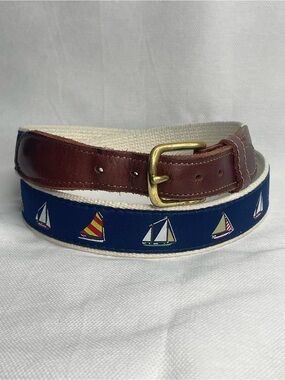 Preston Leather Products Sailboats Golf Belt Mens Size 38 Blue Cream Leather USA